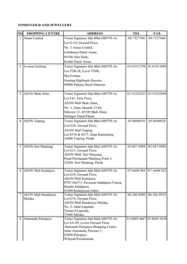 TOMEI GOLD and JEWELLERY NO SHOPPING CENTRE ADDRESS TEL FAX 1 Aman Central Tomei Signature Sdn