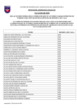 Relação Provisória Dos Candidatos Que Optaram Pela Reserva De Vaga