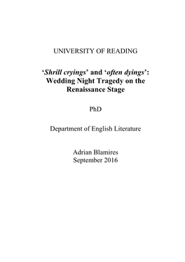 'Often Dyings': Wedding Night Tragedy on the Renaissance Stage