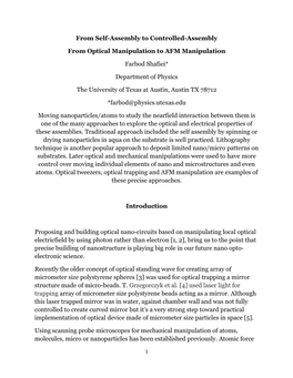 From Self-Assembly to Controlled-Assembly from Optical Manipulation to AFM Manipulation Farbod Shafiei* Department of Physics