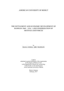 The Economic Development and Settlement of Hawran 1860 – 1914: a Reconsideration of Motives and Sources