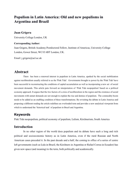 Populism in Latin America: Old and New Populisms in Argentina and Brazil