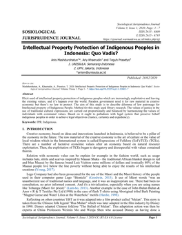 Intellectual Property Protection of Indigenous Peoples in Indonesia: Quo Vadis? Anis Mashdurohatun1*, Ariy Khaerudin1 and Teguh Prasetyo2 1