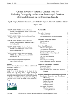 Critical Review of Potential Control Tools for Reducing Damage by the Invasive Rose-Ringed Parakeet (Psittacula Krameri) on the Hawaiian Islands