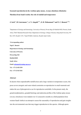Seasonal Reproduction in the Arabian Spiny Mouse, Acomys Dimidiatus (Rodentia