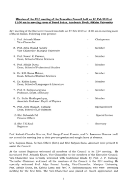 Minutes of the 32Nd Meeting of the Executive Council Held on 8Th Feb 2019 at 11:00 Am in Meeting Room of Barad Sadan, Academic Block, Sikkim University