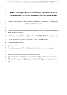 An RNA-Centric Global View of Clostridioides Difficile Reveals Broad 2 Activity of Hfq in a Clinically Important Gram-Positive Bacterium