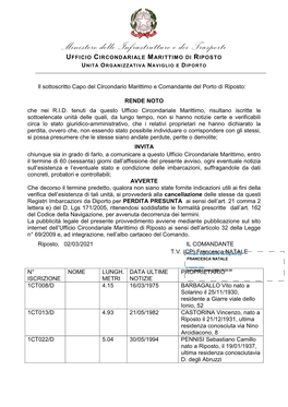 Ministero Delle Infrastrutture E Dei Trasporti UFFICIO CIRCONDARIALE MARITTIMO DI RIPOSTO UNITÀ ORGANIZZATIVA NAVIGLIO E DIPORTO