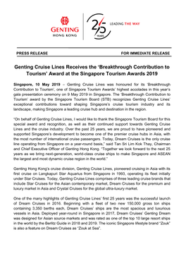 Genting Cruise Lines Receives the ‘Breakthrough Contribution to Tourism’ Award at the Singapore Tourism Awards 2019