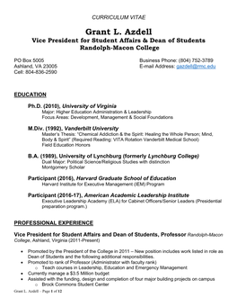 Grant L. Azdell Vice President for Student Affairs & Dean of Students Randolph-Macon College