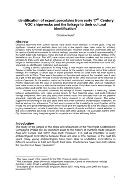 Identification of Export Porcelains from Early 17Th Century VOC Shipwrecks and the Linkage to Their Cultural Identification1