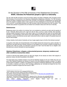 On the Occasion of the 50Th Anniversary of the Statelessness Convention, BADIL Reiterates the Palestinian People’S Right to a Nationality