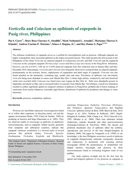 Vorticella and Colacium As Epibionts of Copepods in Pasig River, Philippines