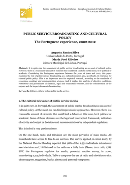 PUBLIC SERVICE BROADCASTING and CULTURAL POLICY the Portuguese Experience, 2002-2012