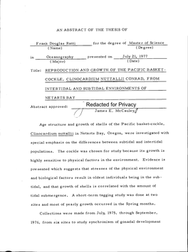 Reproduction and Growth of the Pacific Basket-Cockle, Clinocardium Nuttallii Conrad, from Intertidal and Subtidal Environments of Netarts Bay