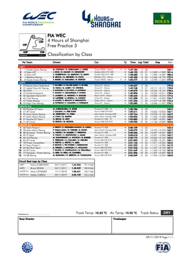 Free Practice 3 4 Hours of Shanghai FIA WEC Classification by Class