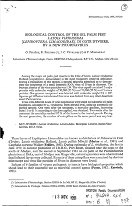 Biological Control of the Oil Palm Pest Latoia Viridissima [Lepidoptera, Limacodidaej, in Cote D'ivoire, by a New Picornavirus