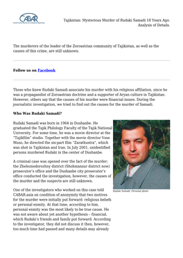 Tajikistan: Mysterious Murder of Rudaki Samadi 18 Years Ago