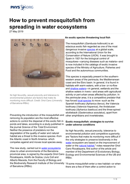 How to Prevent Mosquitofish from Spreading in Water Ecosystems 27 May 2019