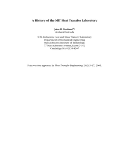 A History of the MIT Heat Transfer Laboratory