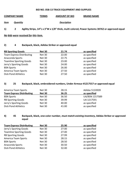 Bid No. 058-13 Track Equipment and Supplies Company Name