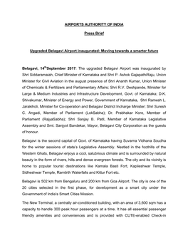 AIRPORTS AUTHORITY of INDIA Press Brief Upgraded Belagavi