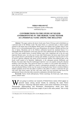 Contributions to the Study of Neleid Anthroponymy Iv: the Heroic Name Nestor As a Personal Name Among the Hellenes