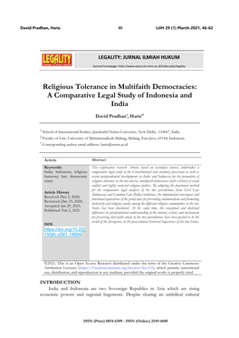 Religious Tolerance in Multifaith Democracies: a Comparative Legal Study of Indonesia and India