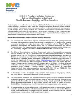 2010-2011 Procedures for School Closings and Delayed School Openings in the Case of Citywide Emergency Conditions and Major Storm Days July, 2, 2010