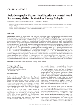 Socio-Demographic Factors, Food Security and Mental Health Status