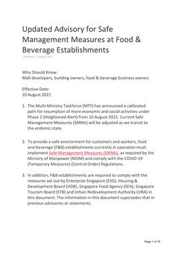 Updated Advisory for Safe Management Measures at Food & Beverage Establishments Published: 12 August 2021