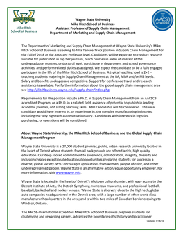 Wayne State University Mike Ilitch School of Business Assistant Professor of Supply Chain Management Department of Marketing and Supply Chain Management