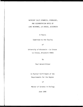 Dynamics, Hydrology, and Sedimentation Rates of Lake Neshonoc, La Crosse, Wisconsin