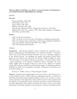 Thomas Robert Malthus: an Essay on the Principle of Population: ACCOMPANYING HISTORICAL NOTES DATES Persons Thomas Malthus 1766