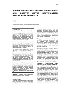 A Brief History of Forensic Odontology and Disaster Victim Identification Practices in Australia