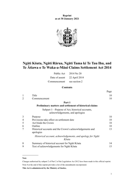 Ngāti Kōata, Ngāti Rārua, Ngāti Tama Ki Te Tau Ihu, and Te Ātiawa O Te Waka-A-Māui Claims Settlement Act 2014