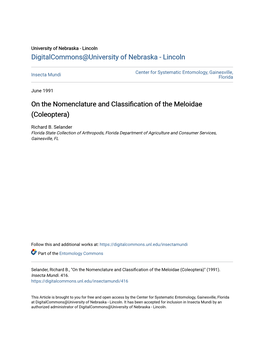 On the Nomenclature and Classification of the Meloidae (Coleoptera)