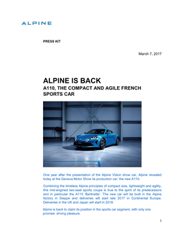 Alpine Is Back A110, the Compact and Agile French Sports Car