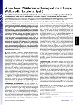 A New Lower Pleistocene Archeological Site in Europe (Vallparadís, Barcelona, Spain)