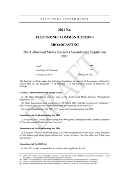 The Audiovisual Media Services (Amendment) Regulations 2021 SI