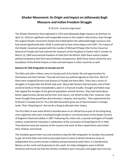 Ghadar Movement: Its Origin and Impact on Jallianwala Bagh Massacre and Indian Freedom Struggle