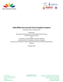 2016 BRICS Goa Summit Final Compliance Report 17 October 2016 to 14 August 2017