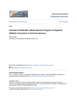 Varieties of Haskalah: Sabato Morais's Program of Sephardi Rabbinic Humanism in Victorian America