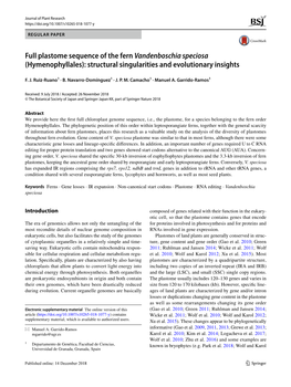 Full Plastome Sequence of the Fern Vandenboschia Speciosa (Hymenophyllales): Structural Singularities and Evolutionary Insights