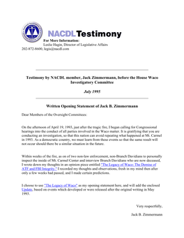 Testimony by NACDL Member, Jack Zimmermann, Before the House Waco Investigatory Committee