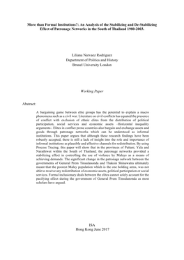 Than Formal Institutions?: an Analysis of the Stabilizing and De-Stabilizing Effect of Patronage Networks in the South of Thailand 1980-2003