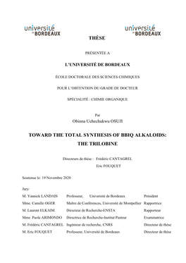 Thèse Toward the Total Synthesis of Bbiq Alkaloids