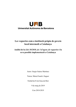 Les Vegueries Com a Institució Pròpia De Govern Local Intermedi a Catalunya