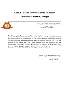 Office of the Provost (Boys Hostels) University of Kashmir, Srinagar