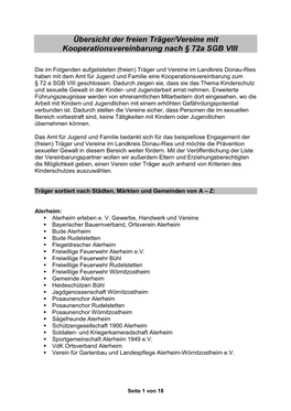 Übersicht Der Freien Träger/Vereine Mit Kooperationsvereinbarung Nach § 72A SGB VIII